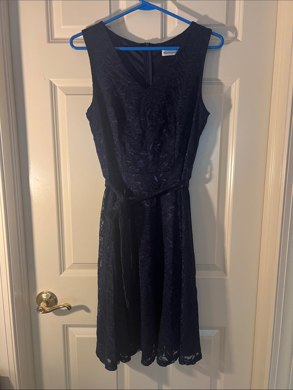Sleeveless Navy Lace Midi Dress with V-Neck and Self Tie Belt